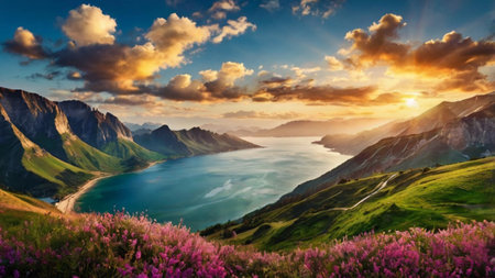 Beautiful panoramic view of Lake Wakatipu, Queenstown, New Zealandの写真素材