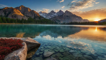 Sunset at Moraine lake in Banff National Park, Canadaの写真素材