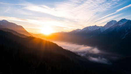 Beautiful sunset in the mountains. Sunrise in the mountains of the Caucasus.の写真素材