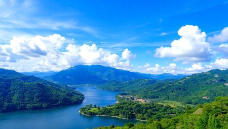 Landscape view of a mountain lake and forest under the blue skyの写真素材