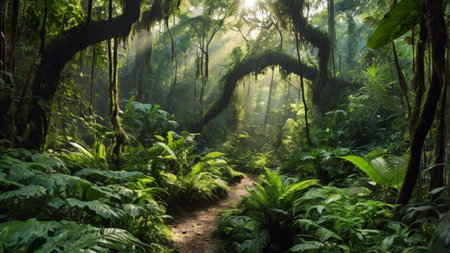 Beautiful tropical rainforest with fog and sunlight. Panoramic view