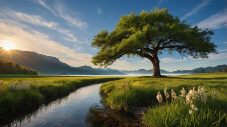 Lonely tree in the middle of a meadow with green grassの写真素材
