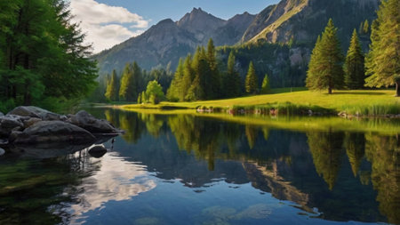 Panoramic view of the alpine lake in the Dolomitesの写真素材