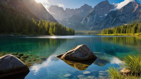 Mountain lake in the Dolomites, Italy. Panorama