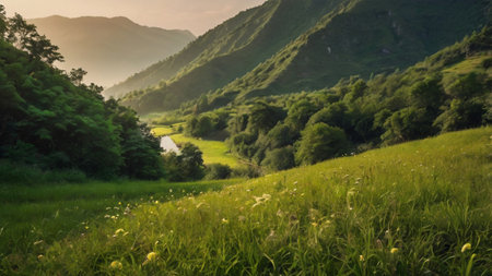 Beautiful summer landscape in the mountains with green meadows and forests