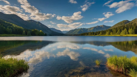 Panorama of beautiful mountain lake. Summer landscape with mountains and cloudsの写真素材
