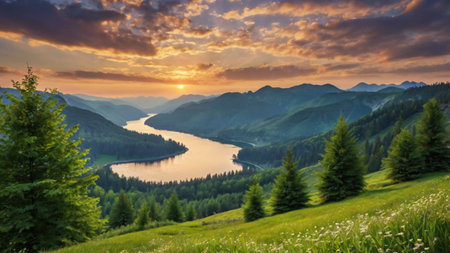 Panoramic view of the lake and mountains at sunset. Beautiful summer landscape.