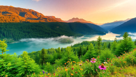 Mountain lake at sunrise. Beautiful summer landscape in the mountains.の写真素材