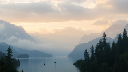 Panoramic view of Lake Lucerne at sunset, Switzerlandの写真素材
