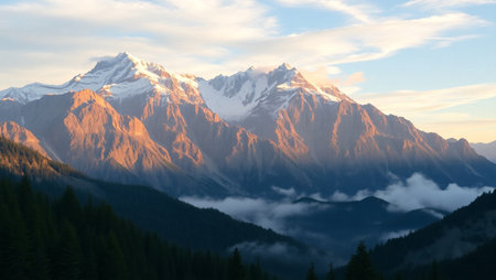 Mountains in the clouds at sunsetの写真素材