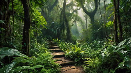 Hiking trail in the tropical rainforest of Bali island, Indonesia