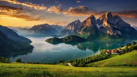 Panoramic view of alpine lake at sunset