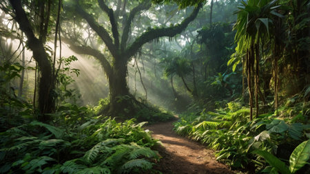 Hiking trail in the tropical rainforest with fog in the morning