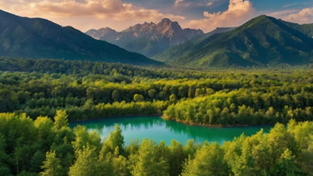 Aerial view of the lake in the mountains. Beautiful summer landscape.