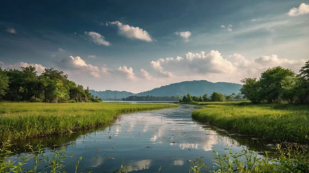 Panoramic view of rice field in the countryside of Thailand.の写真素材