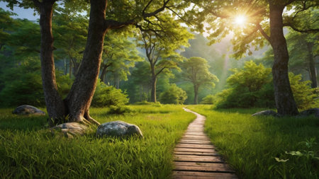 Wooden path in the green forest at sunrise. 3d render