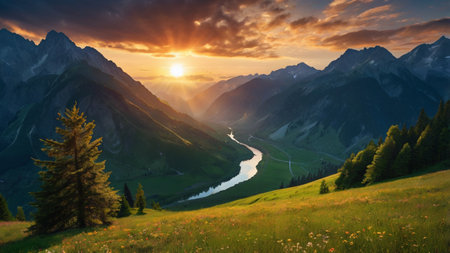 Sunset in the mountains. Beautiful summer landscape in the Alps.