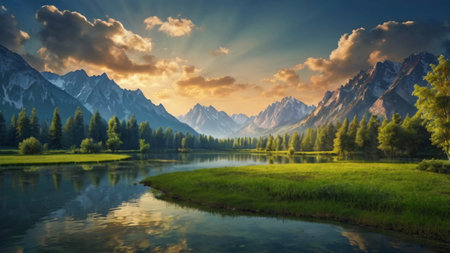 panoramic view of alpine lake in the mountains at sunsetの写真素材