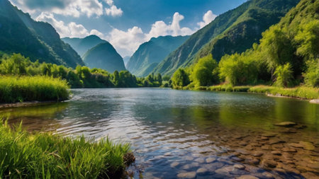 Beautiful summer landscape with mountain river and forest. Panoramic view.の写真素材