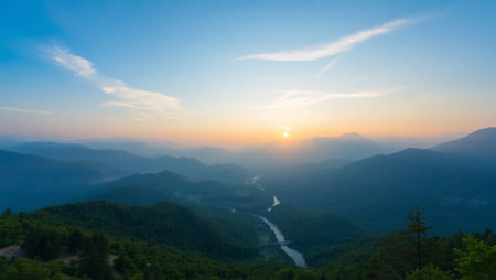 Mountain landscape with river at sunset. Panoramic view.の写真素材
