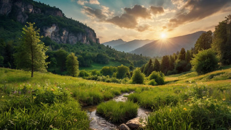 Panoramic view of the mountain river at sunset. Beautiful summer landscape.の写真素材