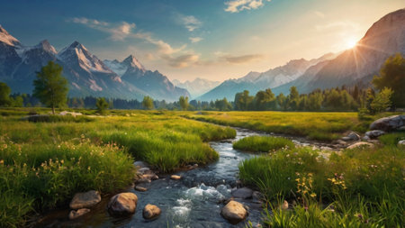 Mountain landscape with river and meadow at sunset. Caucasus, Russiaの写真素材