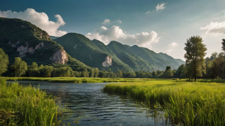 Landscape with river and mountains in the background. Summer day.