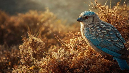 Beautiful bird sitting on dry grass in the autumn forest. Wildlife scene.の写真素材
