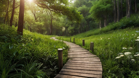 Wooden walkway in the green forest with sunlight and lens flare
