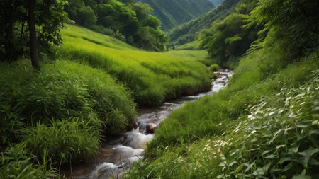 Mountain river flowing through the green forest in summerの写真素材