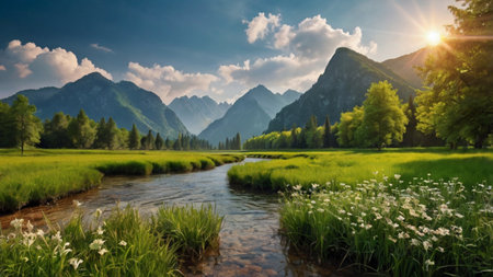 Landscape with mountains, river and green meadow at sunny dayの写真素材