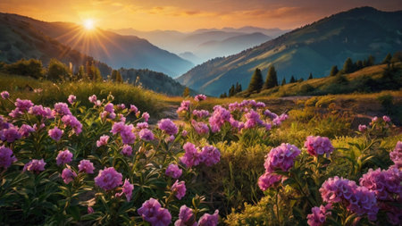 Beautiful mountain landscape with pink rhododendron flowers. Carpathian, Ukraine, Europe.の写真素材