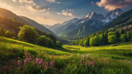 Panoramic view of the alpine meadow and mountains at sunset