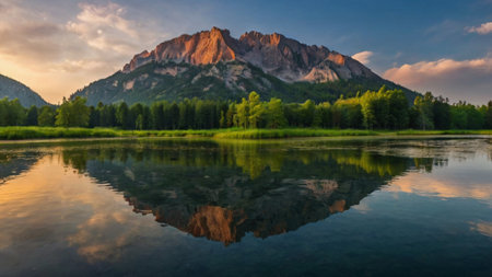 Sunset on the lake in the Dolomites, Italy.