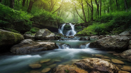 Waterfall in the green forest, panoramic view. Nature background