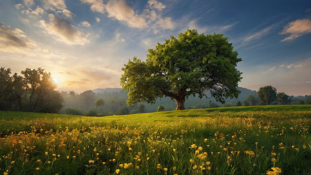 Tree in the meadow with yellow flowers and blue sky with cloudsの写真素材