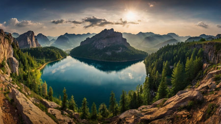 panoramic view of the lake in the Dolomites, Italyの写真素材