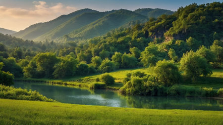 Beautiful summer landscape with the river and mountains. Ukraine, Europe.