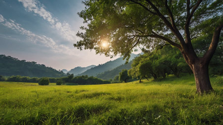 Sunset in the green field with tree and mountain in the backgroundの写真素材