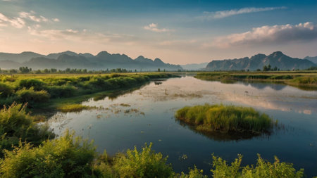 Landscape view of the river and mountain in the morning. Thailand