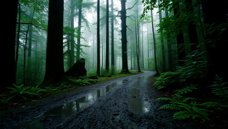 Foggy forest with a road in the middle of the forest