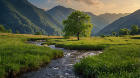 Beautiful summer landscape with a small river in the mountains at sunsetの写真素材