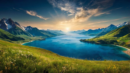 Panoramic view of the lake in the mountains. Switzerland.