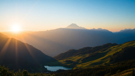 Sunset in the mountains. View of the valley and mountains.の写真素材