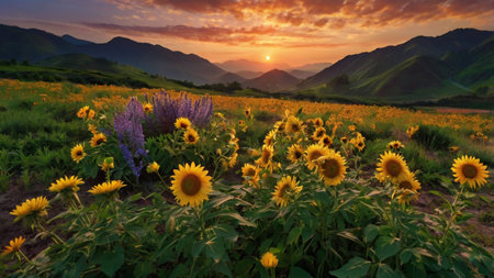 Sunflowers in the mountains at sunset. Beautiful landscape with sunflowers.の写真素材