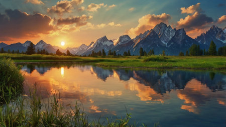 Sunset over Grand Teton National Park, Wyoming, USA.の写真素材