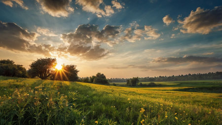 Sunset over the meadow. Panoramic summer landscape.の写真素材