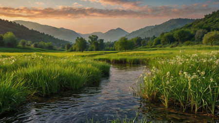 Landscape with river and mountains in the background at sunset. Nature composition.