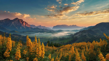 Mountain landscape with yellow flowers and fog in the valley at sunsetの写真素材