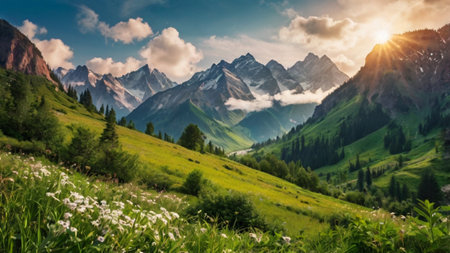 Beautiful summer landscape in the mountains. Panoramic view.